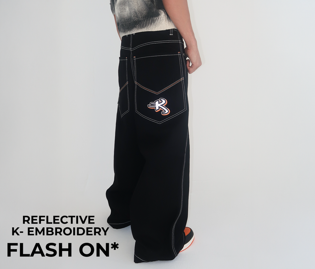 Reflektive K Hole 26 Inch Super Black Rinse Pants With Hidden Stash Pocket And Reflective Embroidery