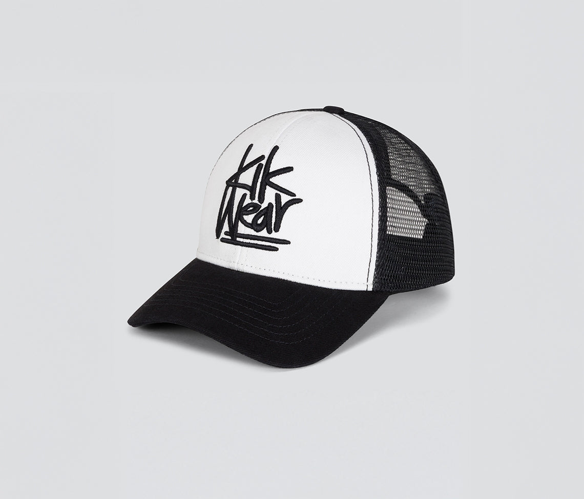 Kikwear Stacked Denim Trucker Cap White And Black One Size Fits All Lightweight Everyday Hat