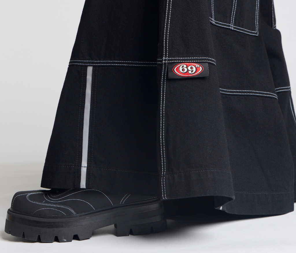 69ERS 69 Inch Super Black Rinse Denim Jeans With Bottom Leg Opening And Long Inseam