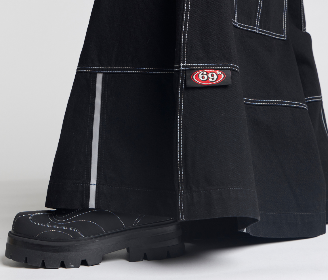 69ERS 69 Inch Super Black Rinse Denim Jeans With Bottom Leg Opening And Long Inseam
