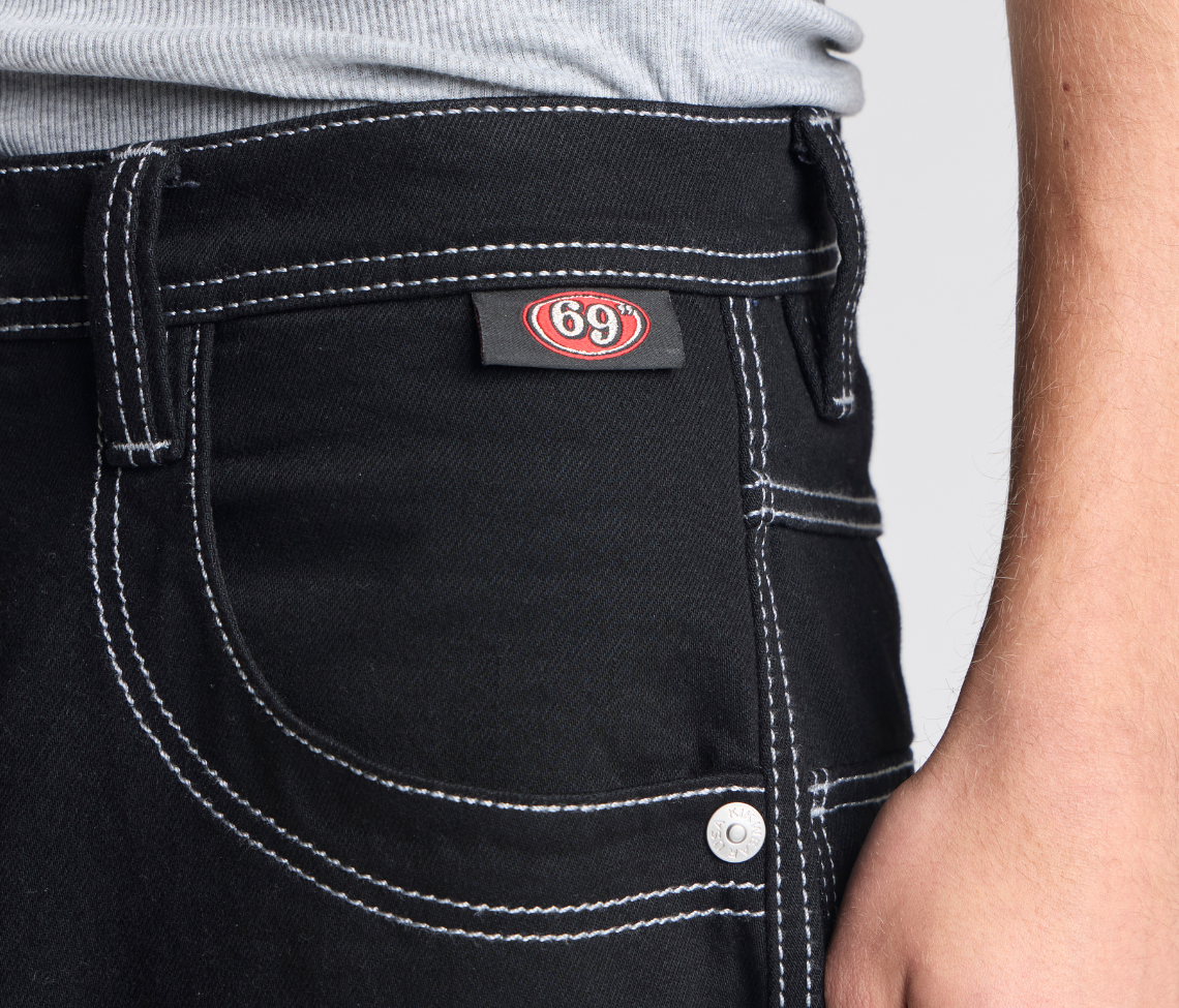 69ERS 69 Inch Super Black Rinse Denim Jeans With Bottom Leg Opening And Long Inseam