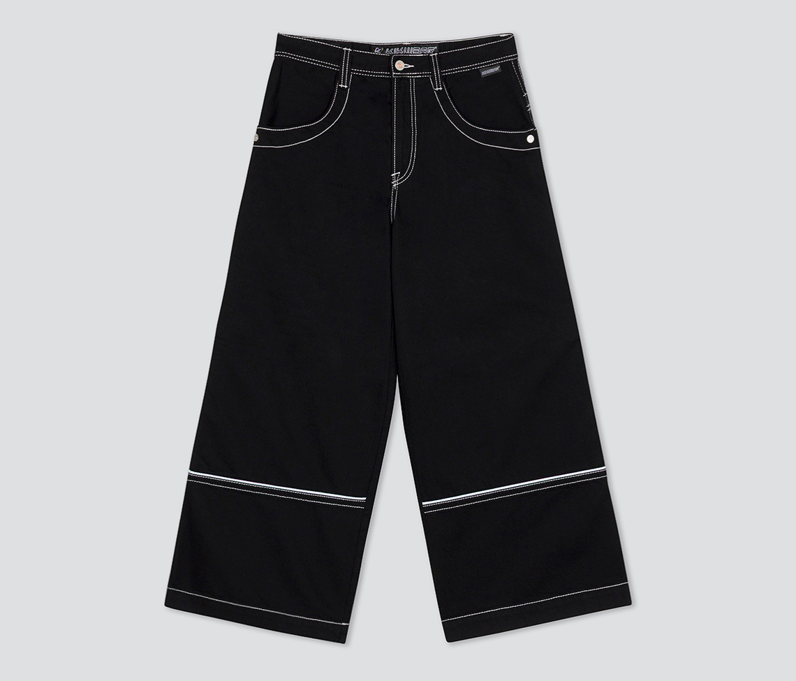 Atomic 34 Inch Super Black Rinse Pants With Bottom Leg Opening 26 Inch Deep Back Pockets And 13 Inch Zipper Compartments