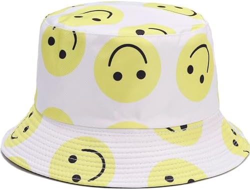 Smiley Face Print Bucket Hat Cute Happy Fishing Cap Reversible Packable Beach Sun Hats for Women, Men