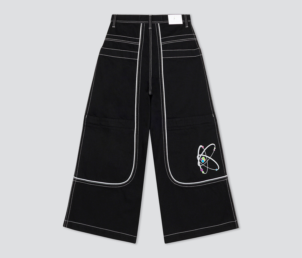 Atomic 34 Inch Super Black Rinse Pants With Bottom Leg Opening 26 Inch Deep Back Pockets And 13 Inch Zipper Compartments