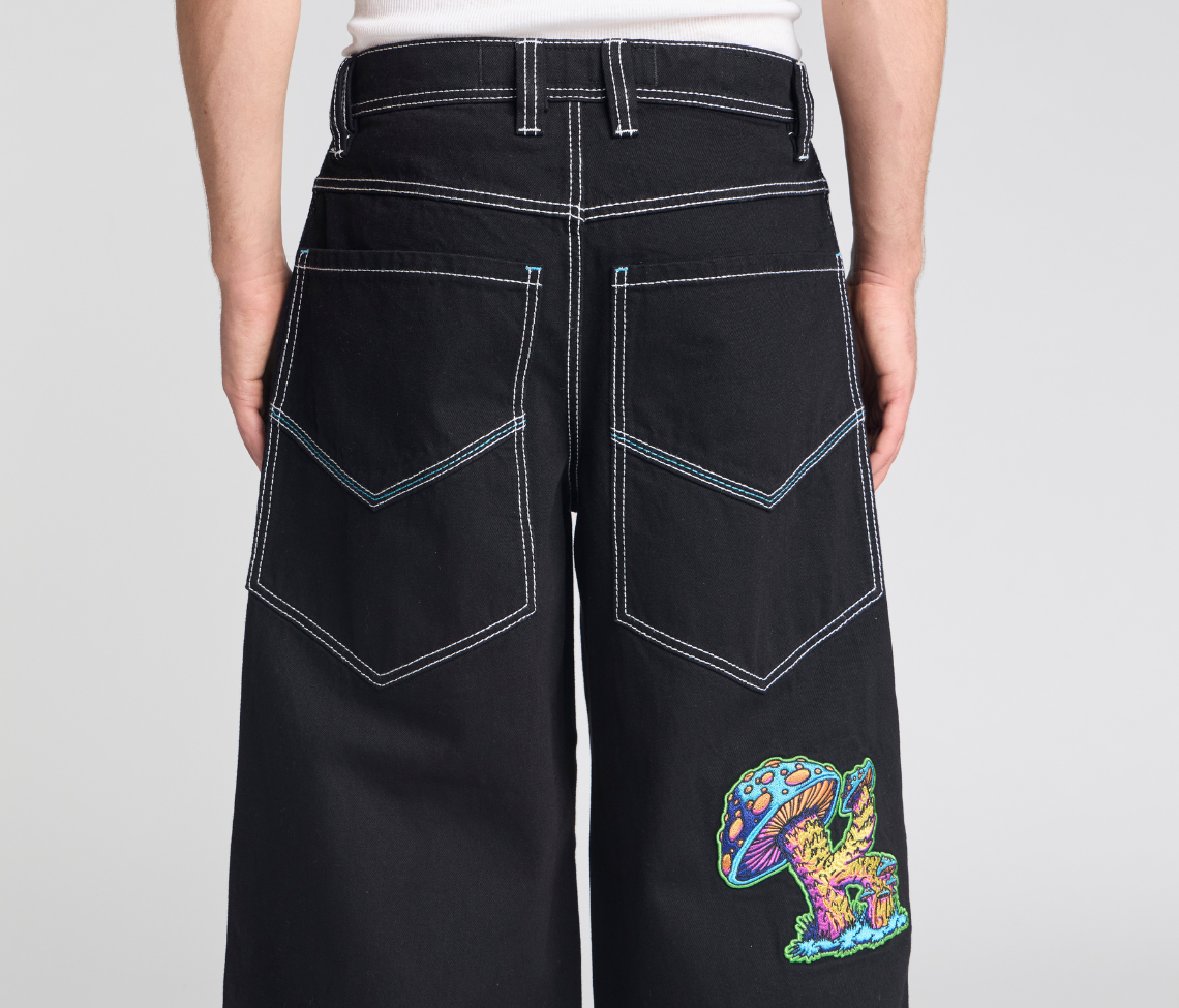 Magic Mushroom Pants 26 Inch Bottom Leg Opening Super Black Rinse With Hidden Stash Pocket