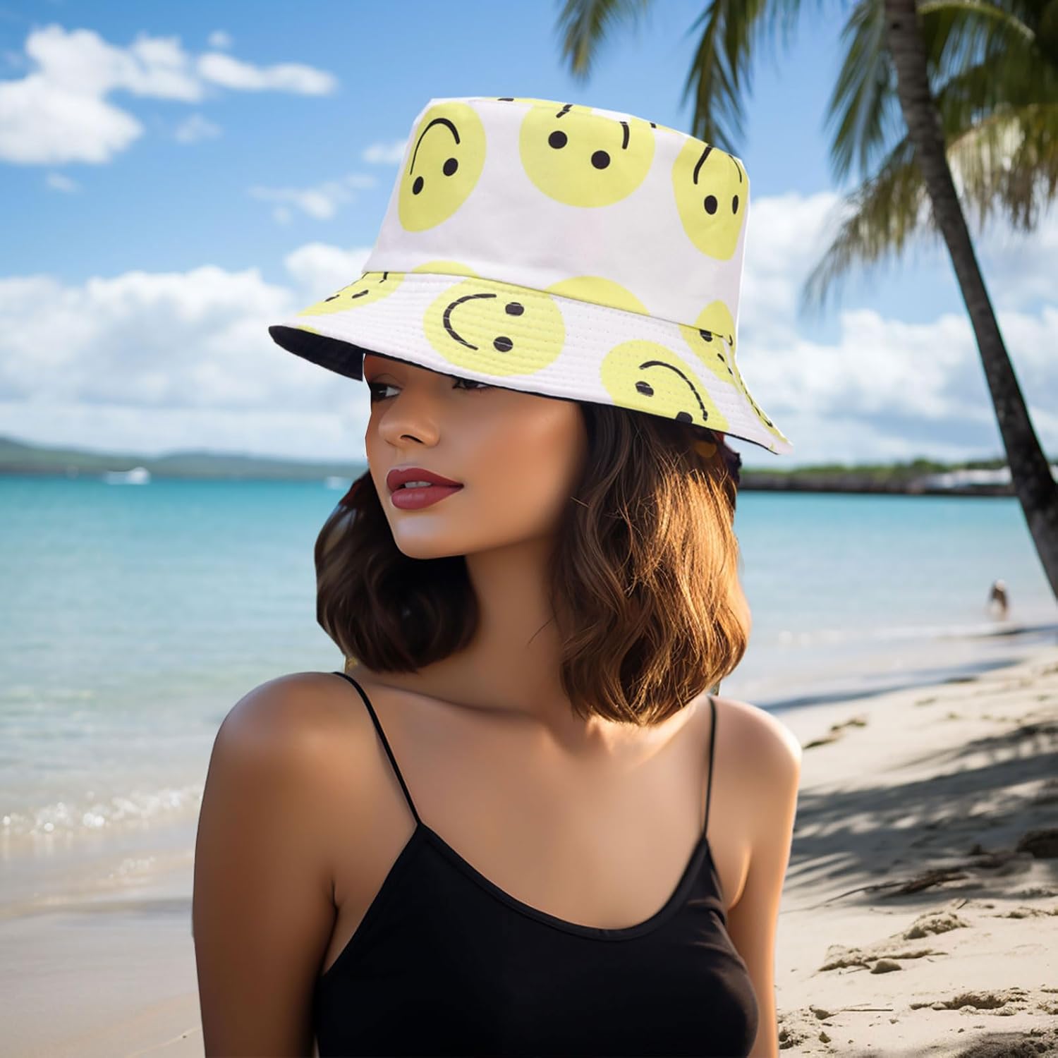 Smiley Face Print Bucket Hat Cute Happy Fishing Cap Reversible Packable Beach Sun Hats for Women, Men