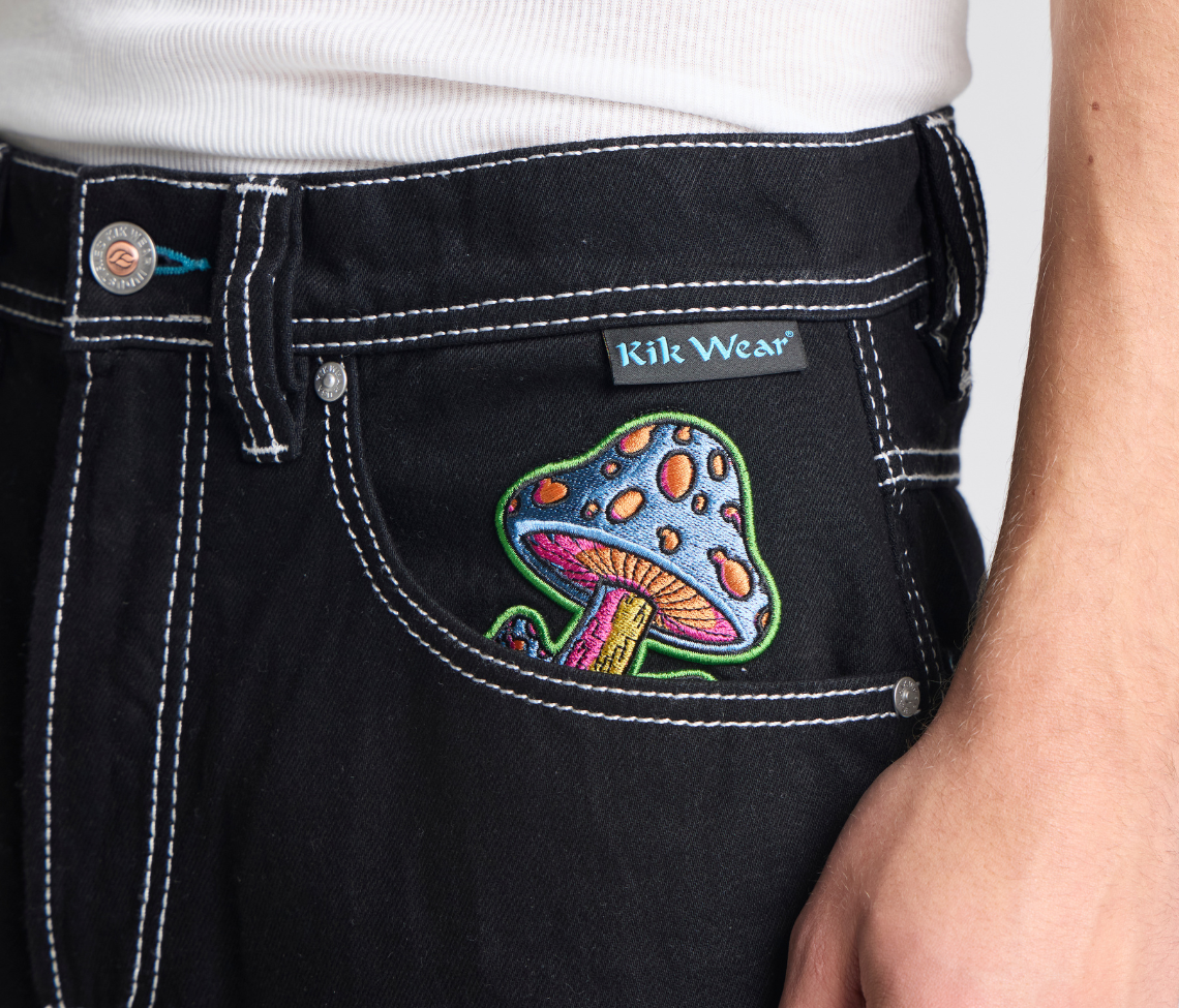 Magic Mushroom Pants 26 Inch Bottom Leg Opening Super Black Rinse With Hidden Stash Pocket