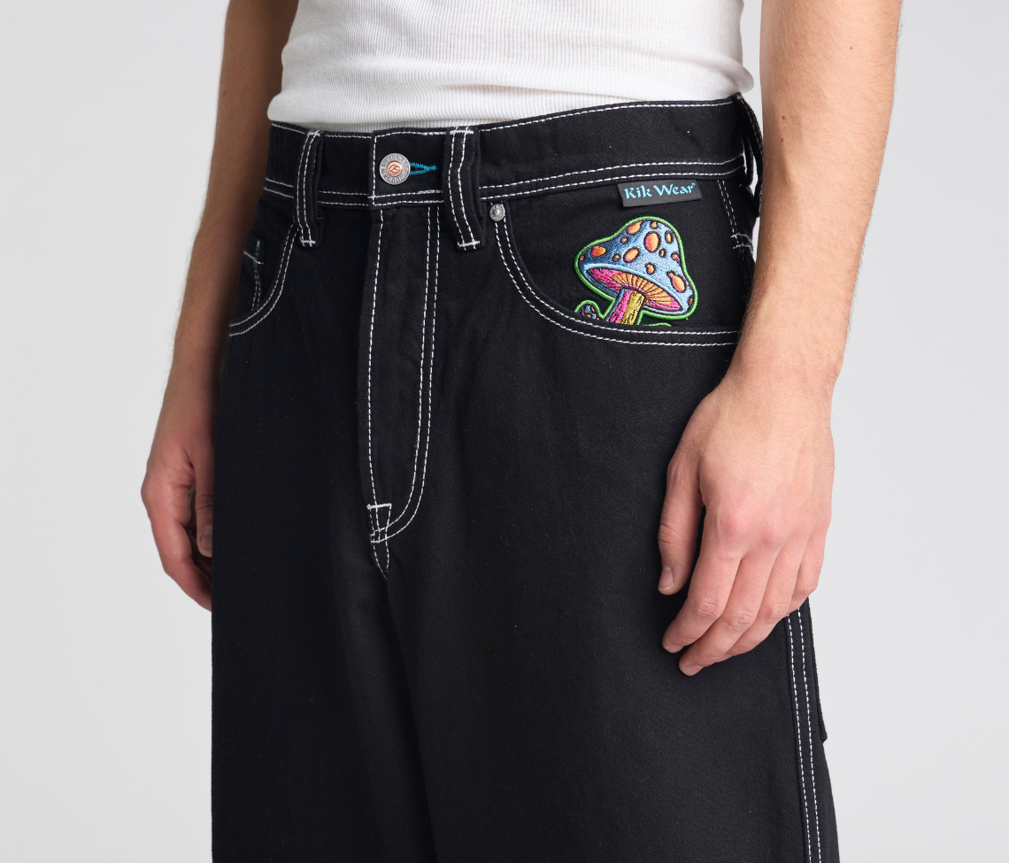 Magic Mushroom Pants 26 Inch Bottom Leg Opening Super Black Rinse With Hidden Stash Pocket