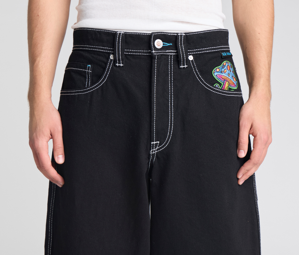 Magic Mushroom Pants 26 Inch Bottom Leg Opening Super Black Rinse With Hidden Stash Pocket