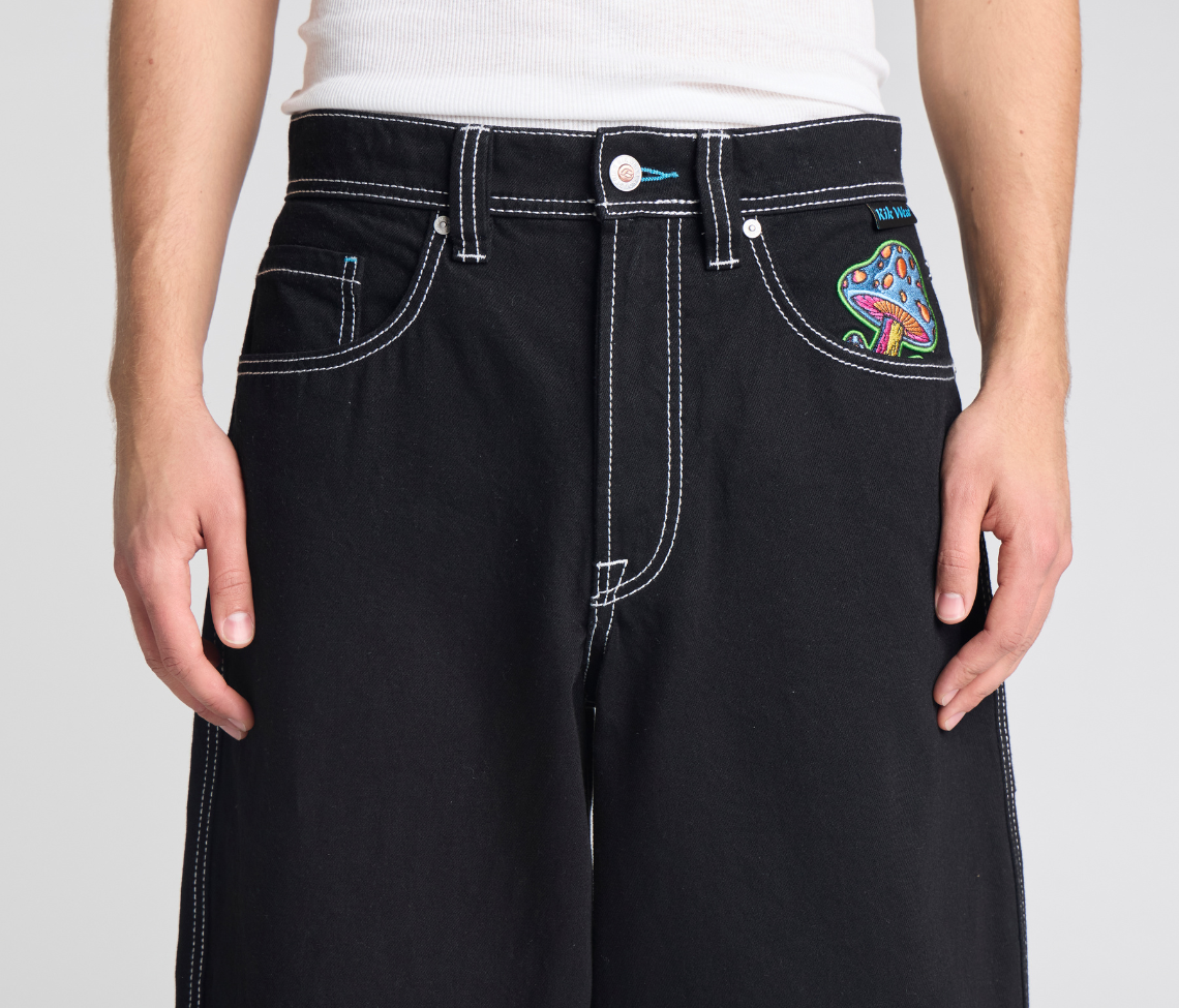 Magic Mushroom Pants 26 Inch Bottom Leg Opening Super Black Rinse With Hidden Stash Pocket