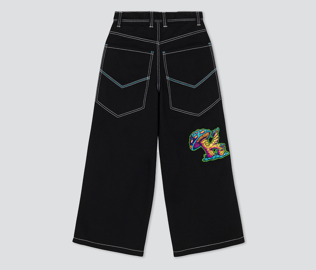 W Magic Mushroom 26 Inch Bottom Leg Opening Super Black Rinse Jeans With Hidden Stash Pocket