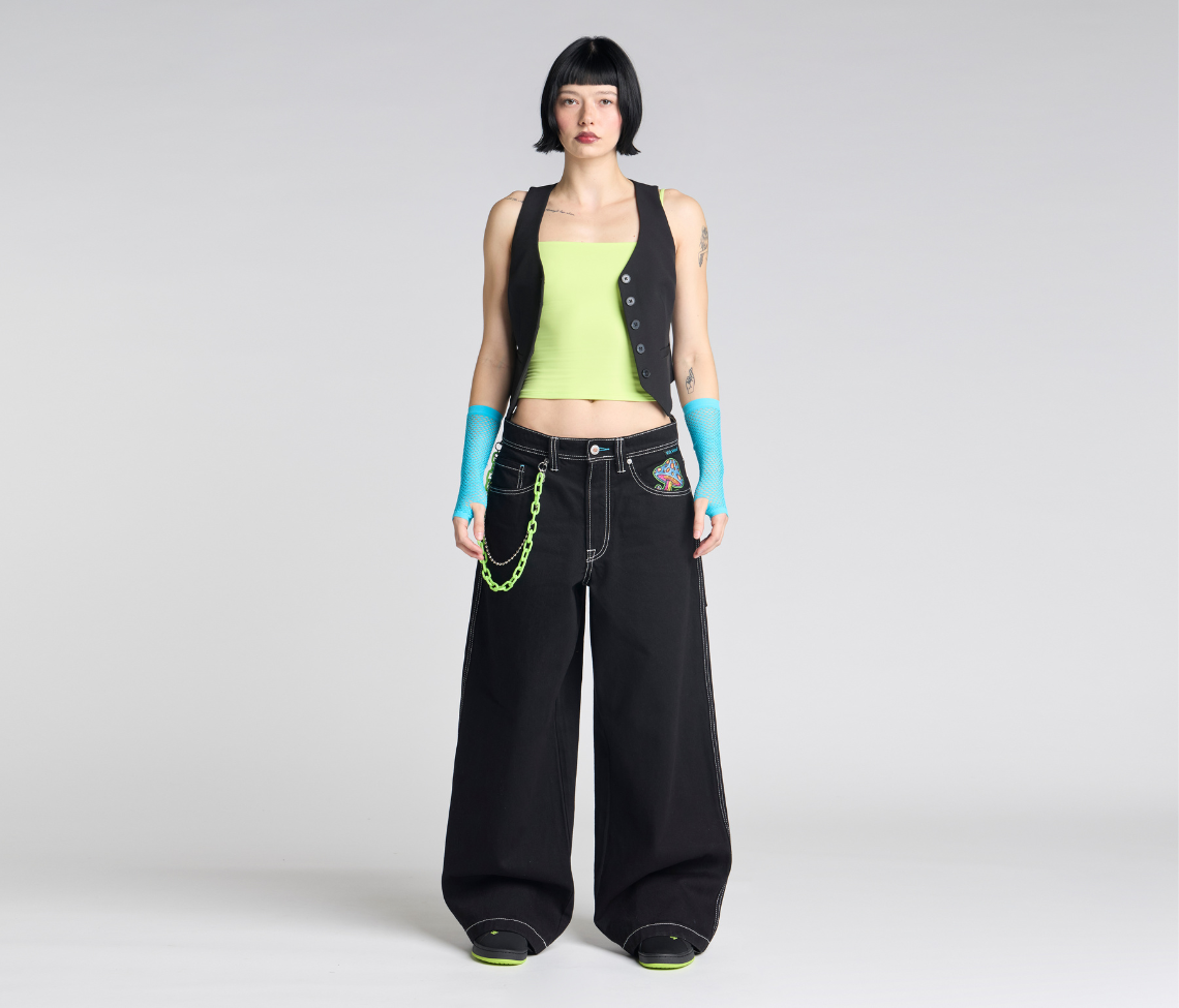 W Magic Mushroom 26 Inch Bottom Leg Opening Super Black Rinse Jeans With Hidden Stash Pocket