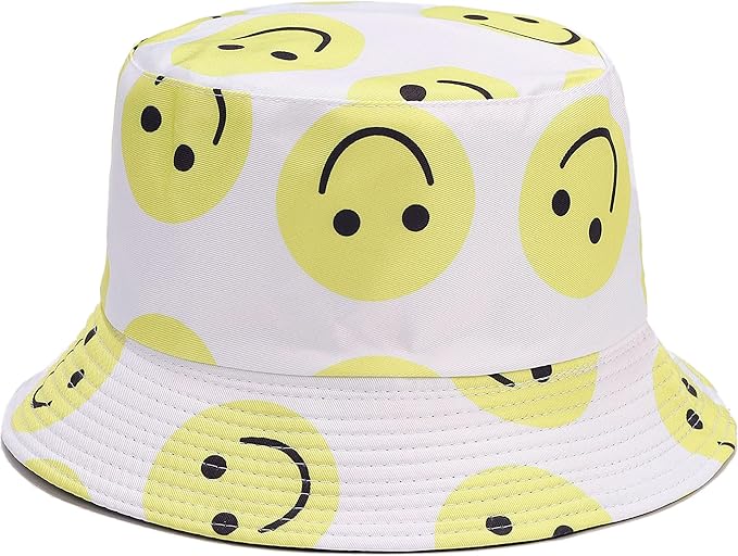 Smiley Face Print Bucket Hat Cute Happy Fishing Cap Reversible Packable Beach Sun Hats for Women, Men