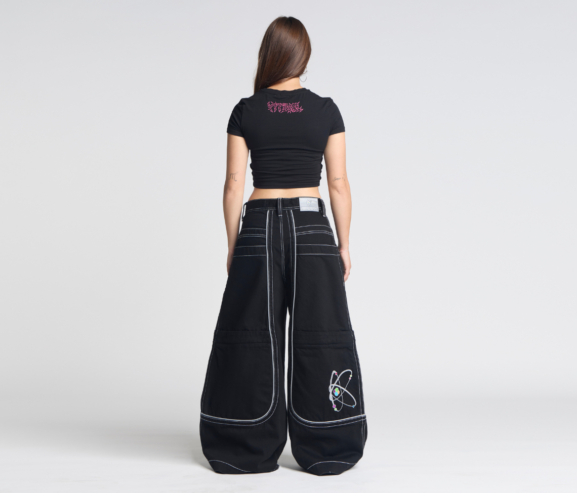 Atomic 34 Inch Super Black Rinse Pants With Bottom Leg Opening 26 Inch Deep Back Pockets And 13 Inch Zipper Compartments