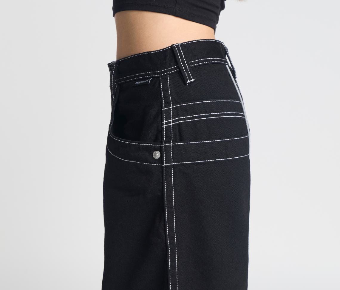 Atomic 34 Inch Super Black Rinse Pants With Bottom Leg Opening 26 Inch Deep Back Pockets And 13 Inch Zipper Compartments