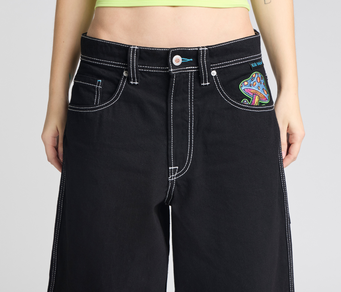 W Magic Mushroom 26 Inch Bottom Leg Opening Super Black Rinse Jeans With Hidden Stash Pocket