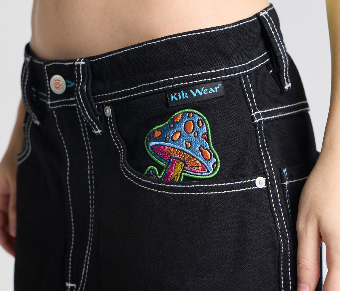 W Magic Mushroom 26 Inch Bottom Leg Opening Super Black Rinse Jeans With Hidden Stash Pocket