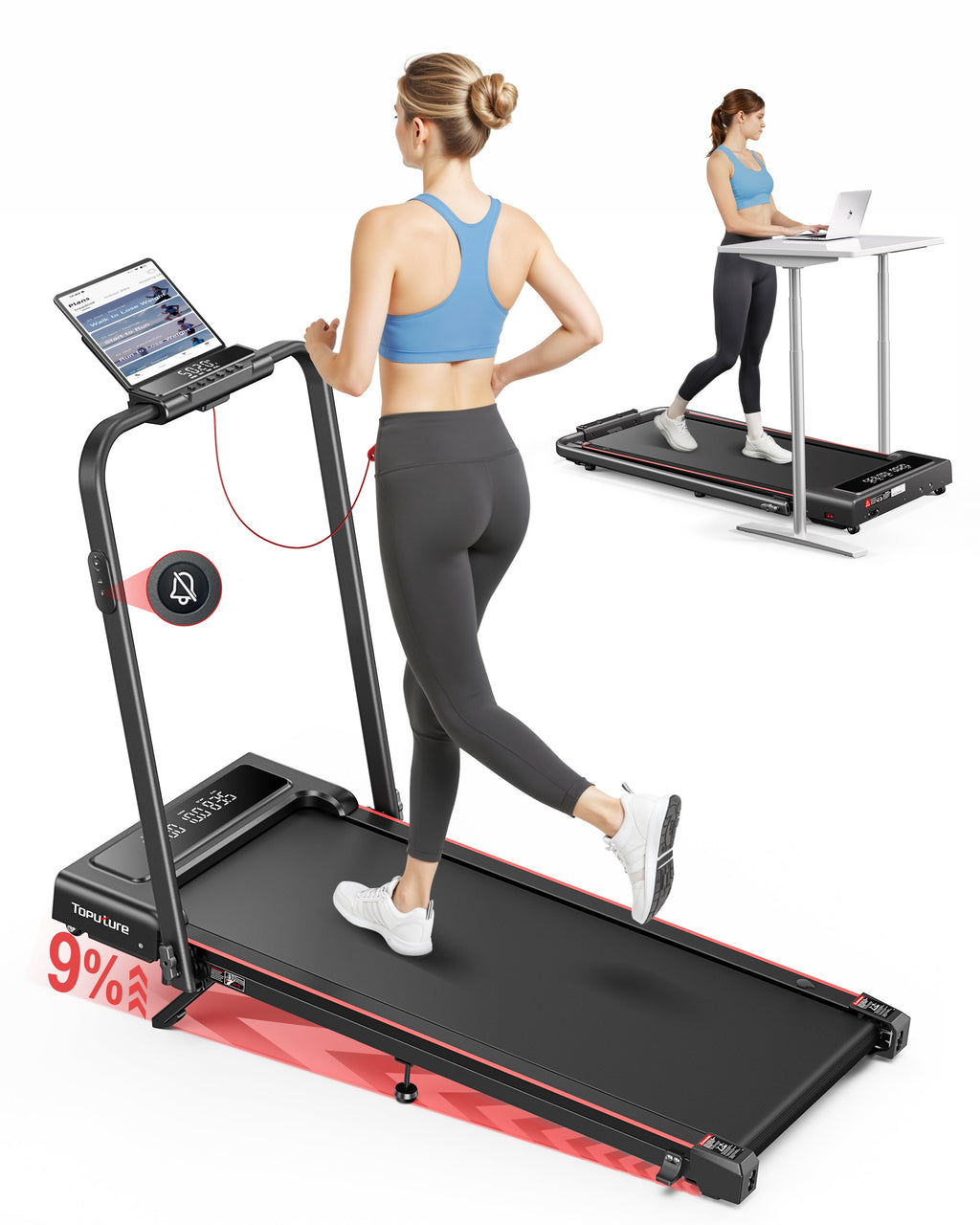 Toputure TP4 Foldable Incline Treadmill 9 Percent Incline 2.5 HP Motor Dual Display App Tracking