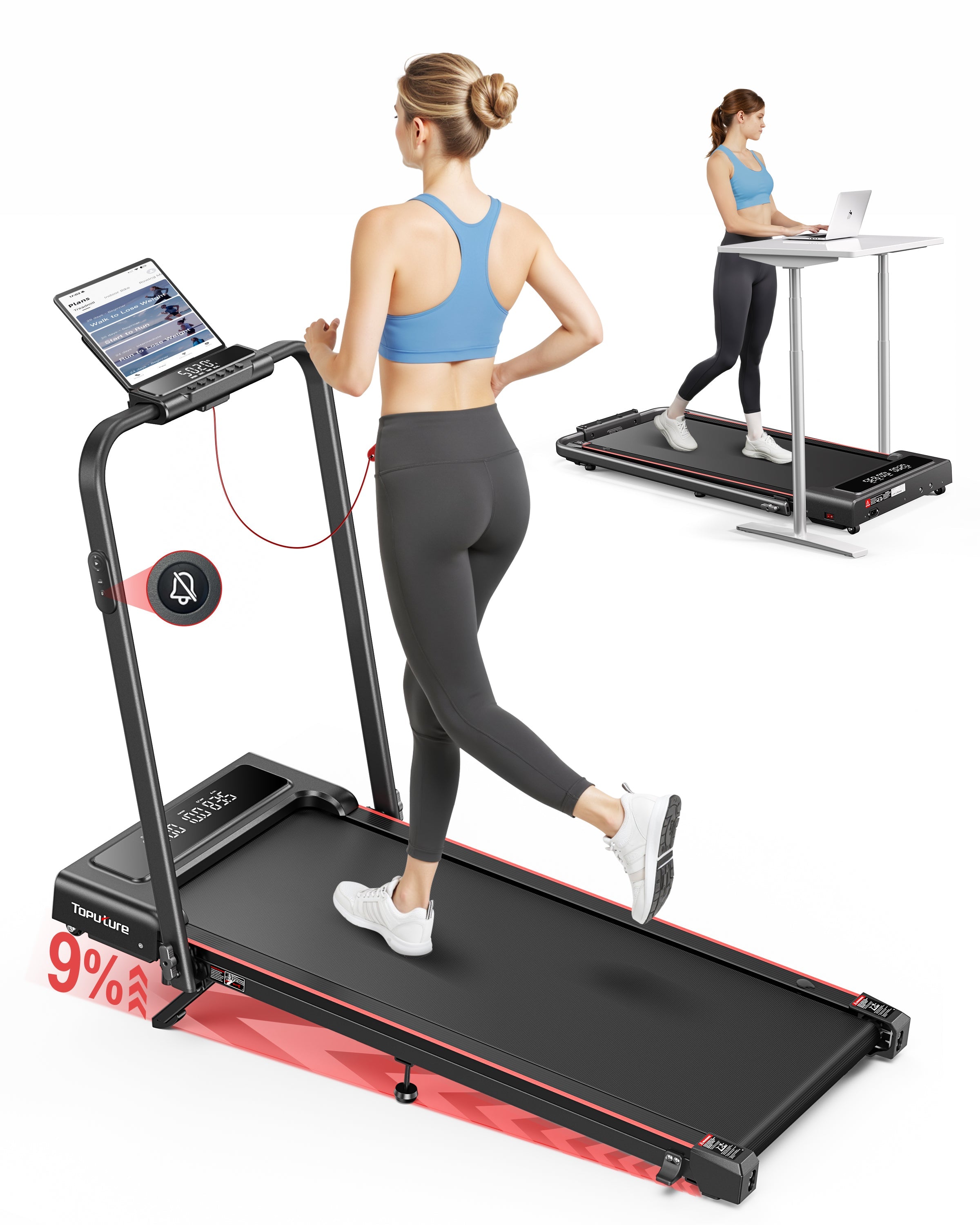 Toputure TP4 Foldable Incline Treadmill 9 Percent Incline 2.5 HP Motor Dual Display App Tracking