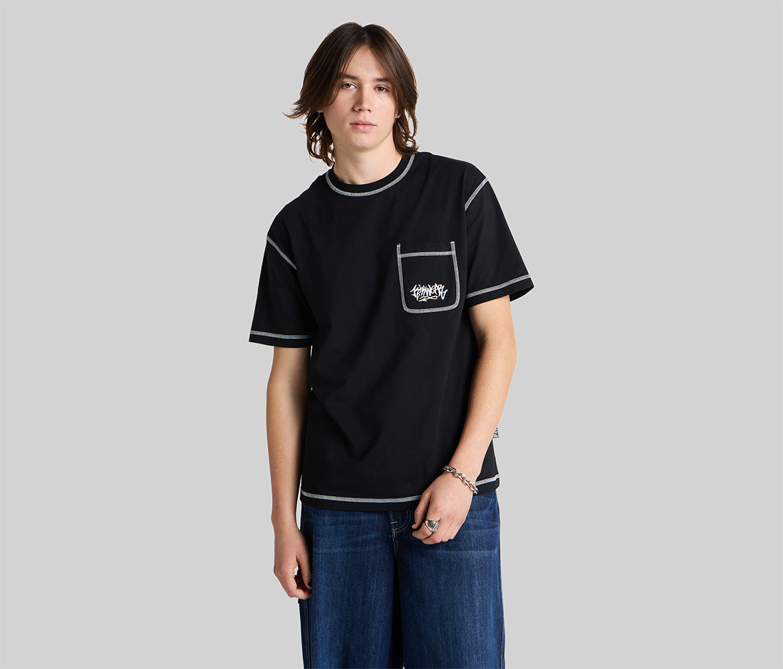 Mens Graffiti Embroidery Pocket Tee Black Short Sleeve T Shirt With Embroidered Design