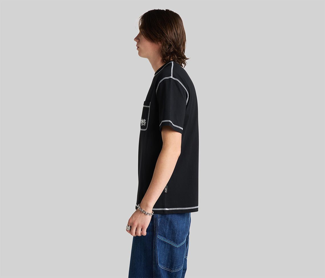 Mens Graffiti Embroidery Pocket Tee Black Short Sleeve T Shirt With Embroidered Design