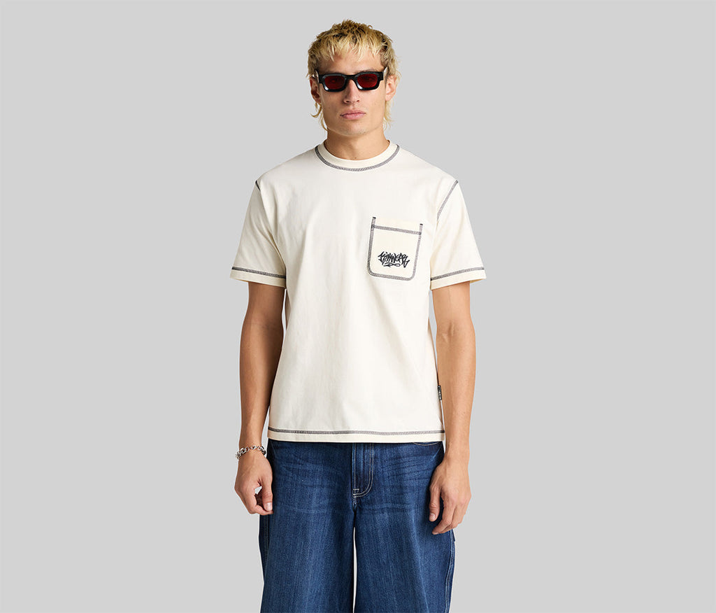 Graffiti Embroidery Pocket Tee For Men Natural Color Short Sleeve Graphic T Shirt