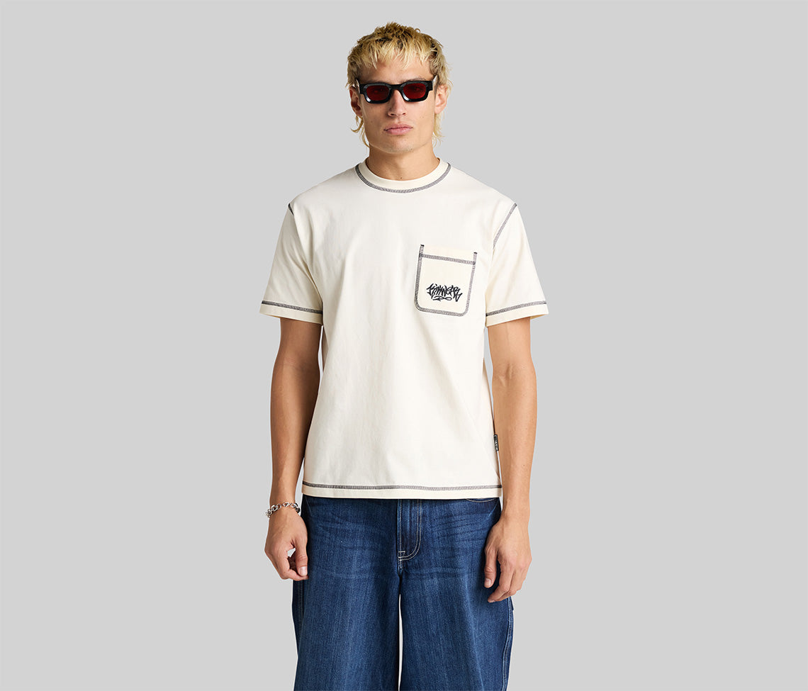 Graffiti Embroidery Pocket Tee For Men Natural Color Short Sleeve Graphic T Shirt