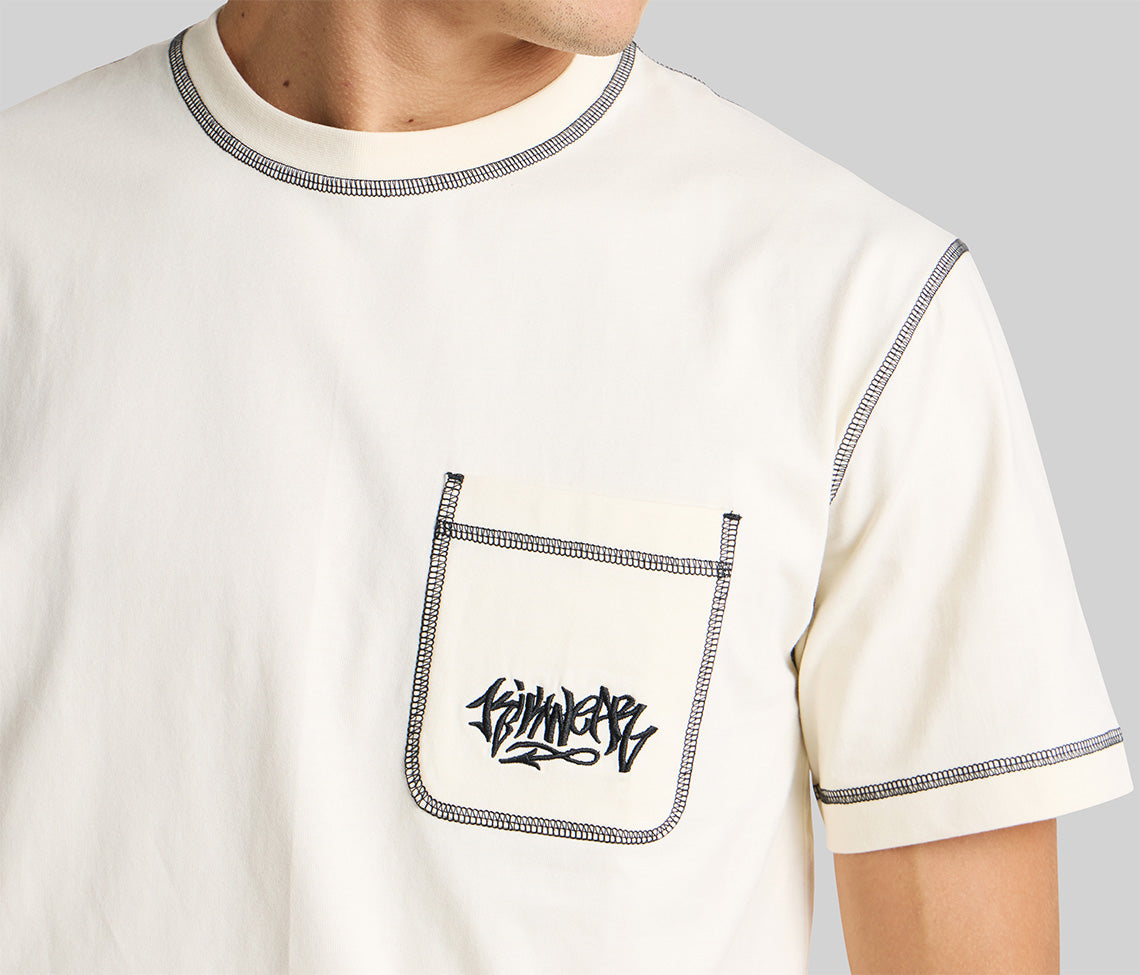Graffiti Embroidery Pocket Tee For Men Natural Color Short Sleeve Graphic T Shirt