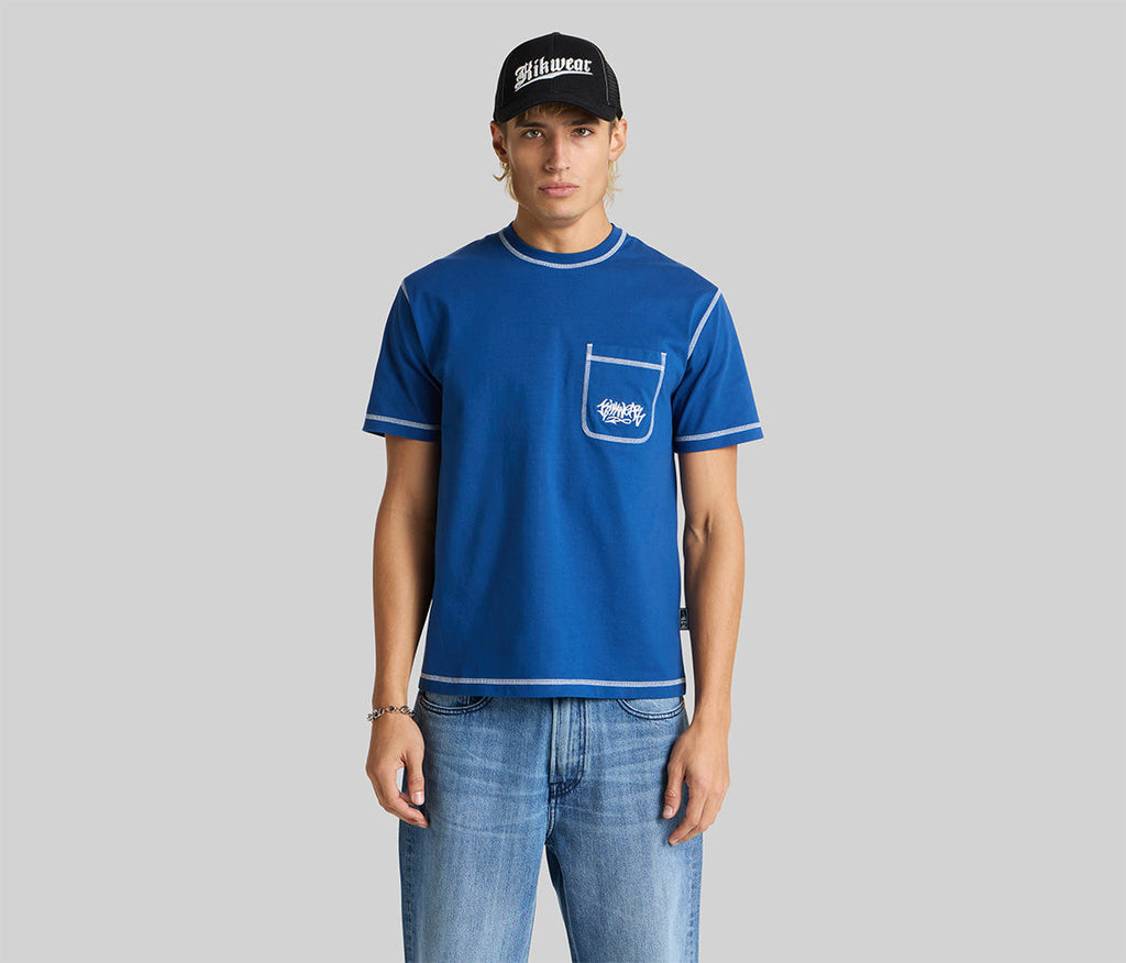 Graffiti Embroidery Pocket Tee Navy Mens Casual Short Sleeve Graphic T Shirt Premium Quality