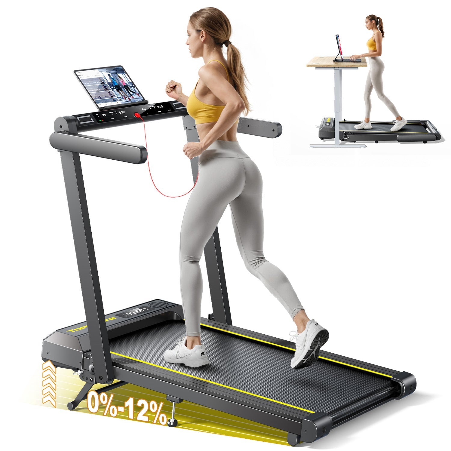 Toputure TP5 2 In 1 Folding Treadmill 12 Percent Incline Two Point Five HP Motor Bluetooth Speaker