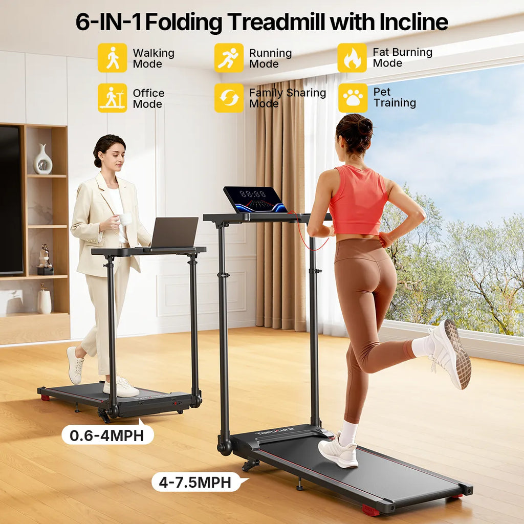Toputure TP7 Height Adjustable Treadmill 2.5HP Foldable Incline Three Level 0.6 to 7.5 MPH Bluetooth App LED Display