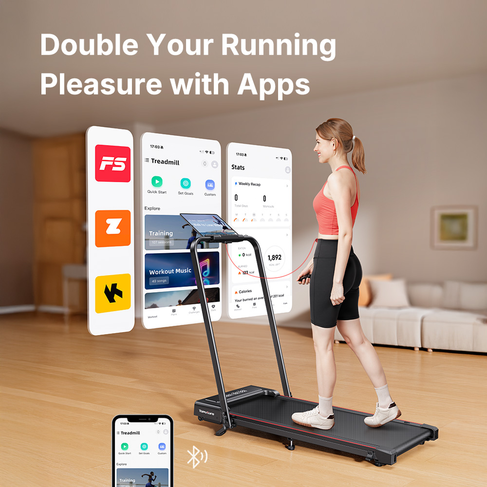 Toputure TP4 Foldable Incline Treadmill 9 Percent Incline 2.5 HP Motor Dual Display App Tracking