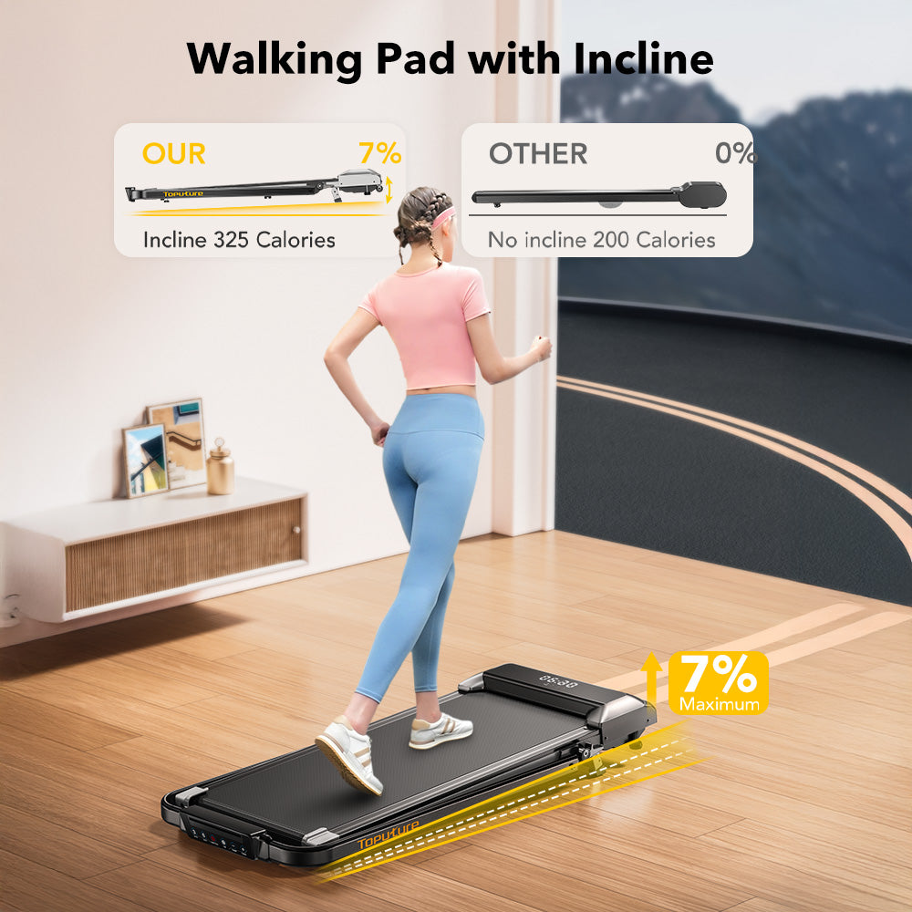 Toputure TP2 Walk Run Treadmill With 7 Incline 0.6-7.5 mph LED Display App Compatible Portable