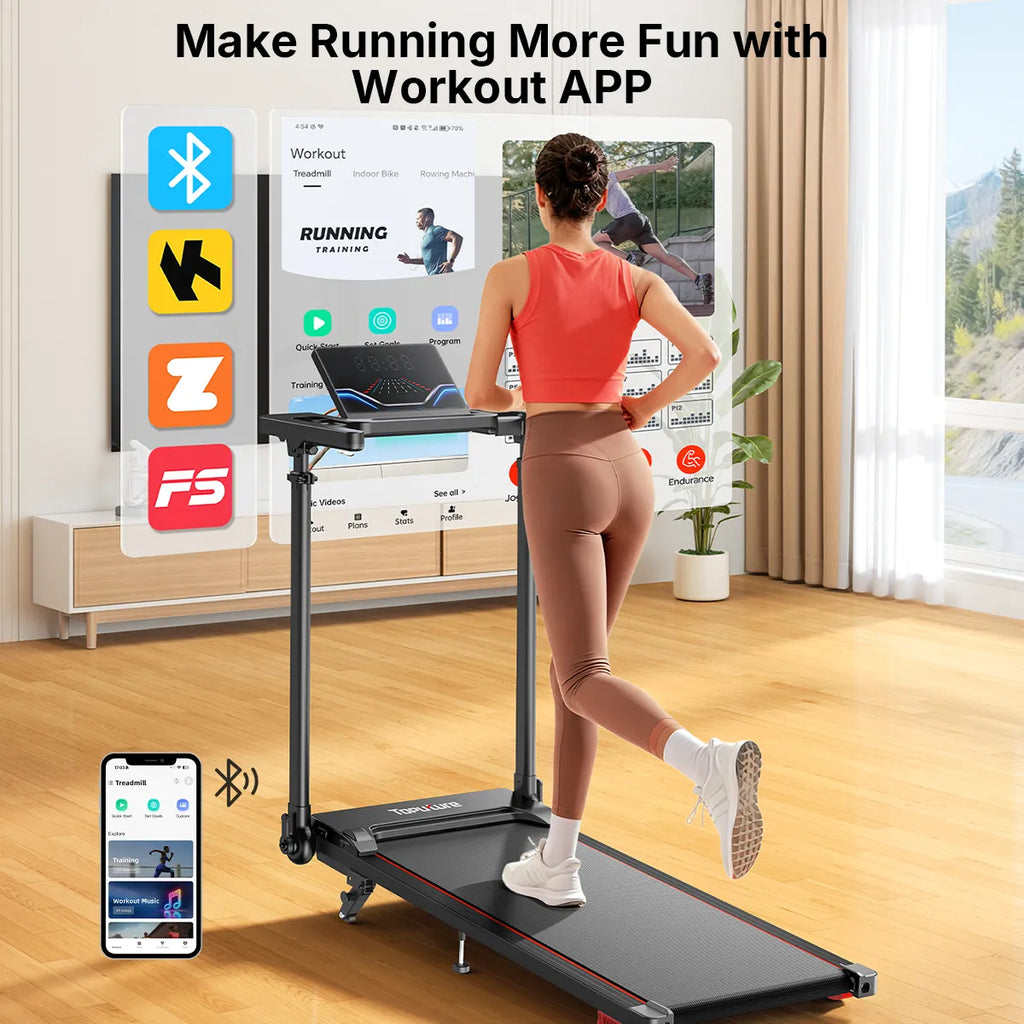 Toputure TP7 Height Adjustable Treadmill 2.5HP Foldable Incline Three Level 0.6 to 7.5 MPH Bluetooth App LED Display